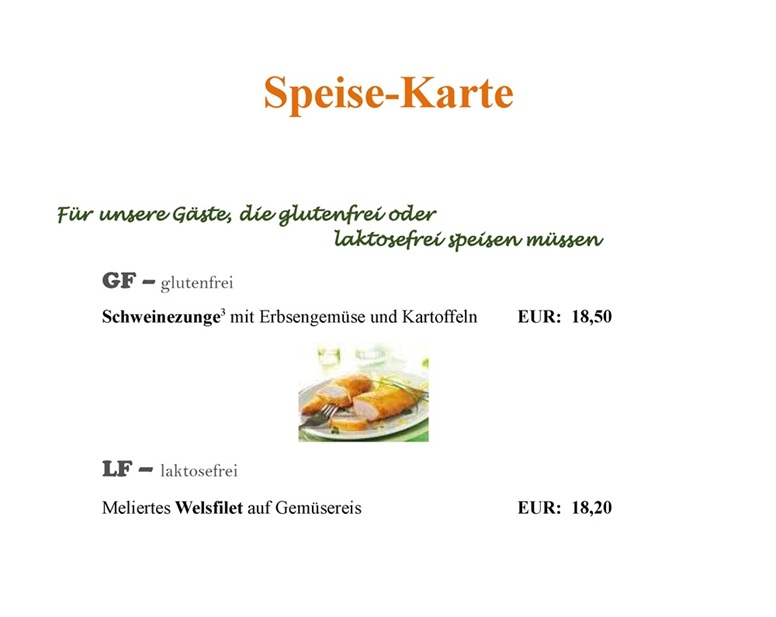 Speisekarte der Parkschänke Zabeltitz mit Gluten- und Laktosefreien Angeboten