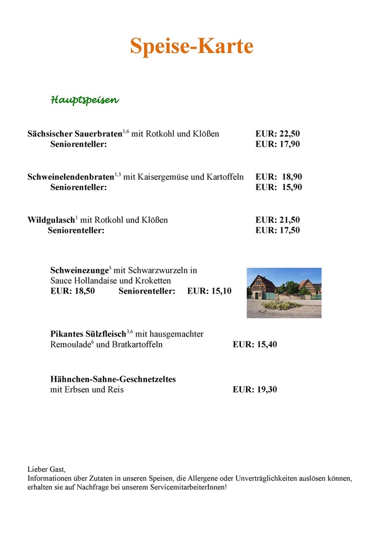 Speisekarte der Parkschänke Zabeltitz mit Hauptspeisen