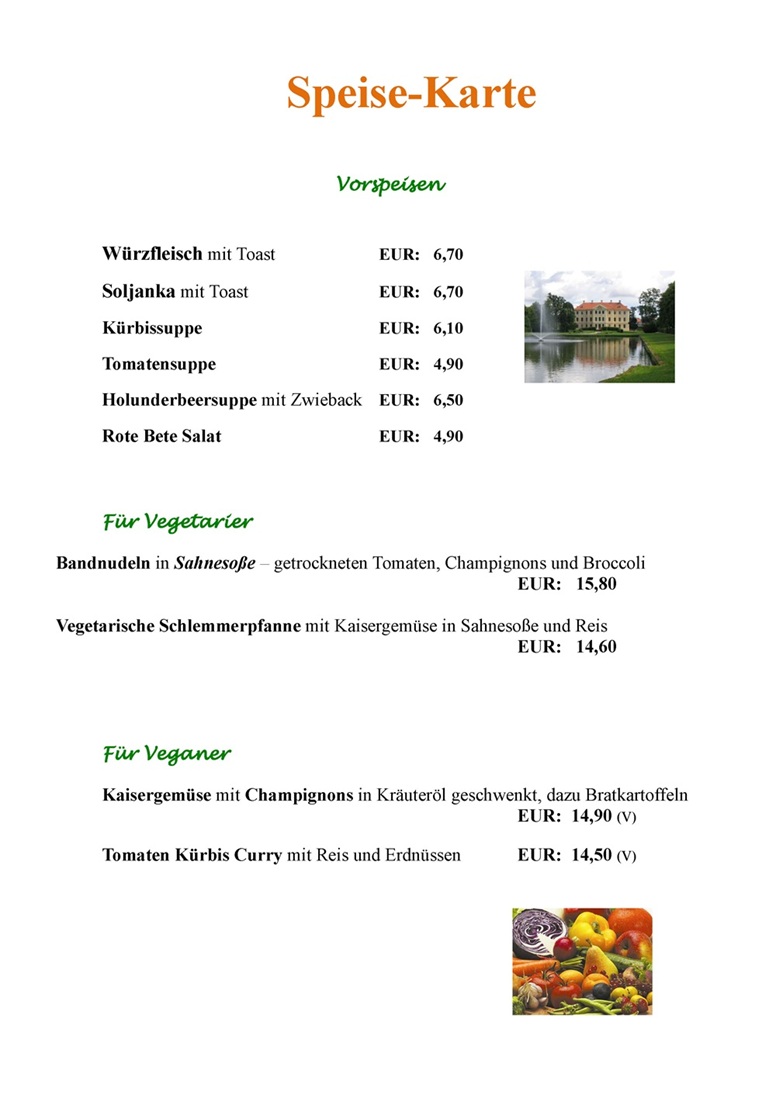 Speisekarte der Parkschänke Zabeltitz mit Vorspeisen